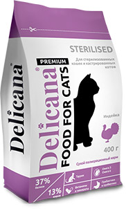 Delicana сухой д кошек стерилиз. 400г с индейкой